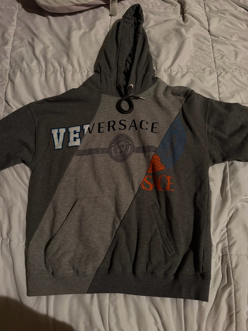 Versace Two-Tone Grey Colorblock Hoodie with Blue & Orange Logo